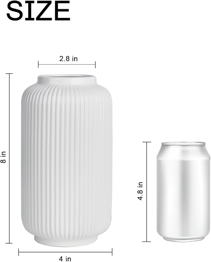 White Ceramic Flower Vase, 8 Inch Ribbed Vase for Pampas Grass, Fresh or Dried Flowers, Decorative Centerpiece for Living Room, Kitchen, Bookshelf, Office Decor