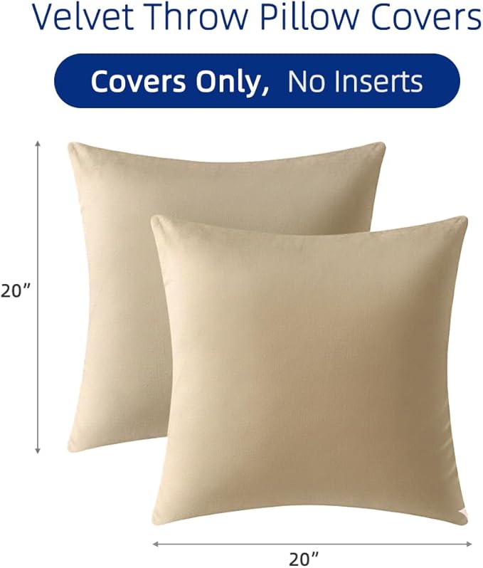 QUORGVES Beige Velvet Pillow Covers 20x20 Inch Set of 2, Soft Solid Decorative Square Throw Pillow Covers, Decor Cushion Covers for Bed Sofa Couch Bedroom Living Room