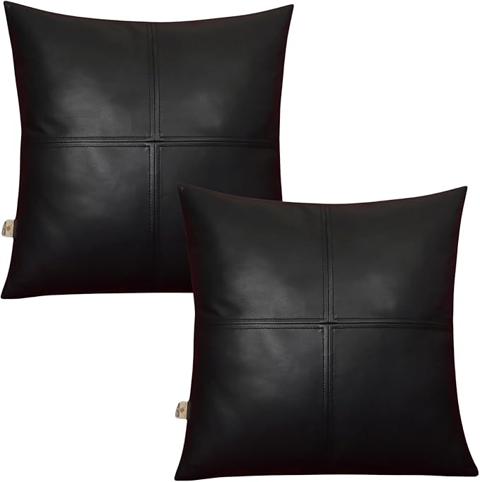 Lambskin Leather Pillow Cover, Hand Panel Stitched Leather Decorative Throw Pillow Covers for Couch Sofa Bed Living Room Garden (20x20 Inches, Black Pack of 2)