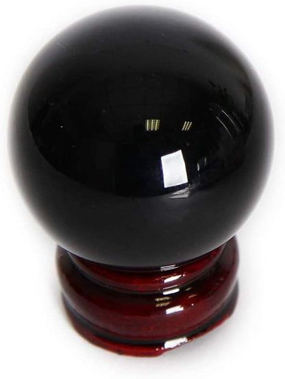 JIC Gem Small Black Obsidian Sphere Ball with Wooden Stand for Fengshui Healing Crystal Decoation Meditation Ball (2.2", 55mm)
