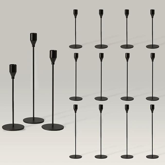 Solid Taper Candle Holders Set of 15 Bulk, Modern Matte Black Long Skinny Candlestick (Heights: 9/11/13 Inch), Heavy Iron Anti-Slip Base for Modern Fireplace Mantle Table Centerpiece Decor