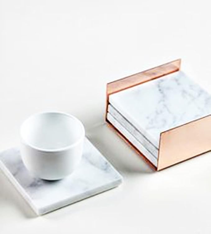 Coasters for Drinks - Set of 6 Modern Coasters - 4" Wide Drink Coasters - Made from Real Solid Marble White Marble Coasters Sqaure Shape