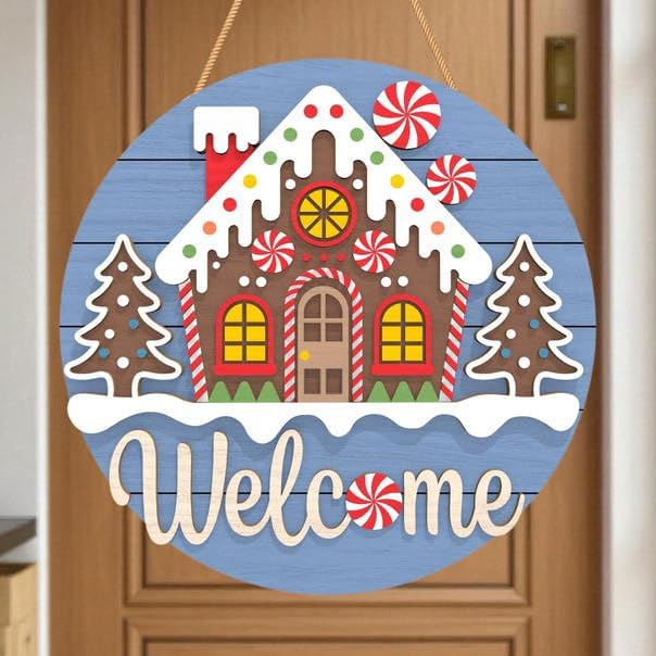 Christmas Welcome Sign, Gingerbread Door Hanger Laser Cut Template, Festive Holiday Layered Design, Wooden Porch Decoration Digital File For Cutting And Seasonal Doorsign_281125_SR6_1