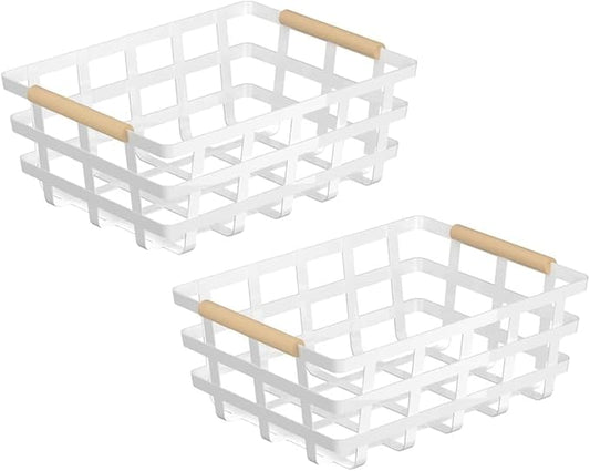 Farmhouse Baskets Pantry Storage Baskets, 2 Packs Metal Wire Food Organizer Storage Bin Basket Wood Handles for Kitchen Cabinets Shelf Pantry,White