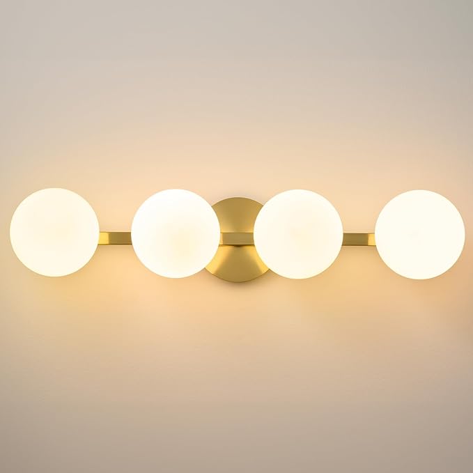 Bathroom Vanity Mirror Light Fixtures: 4 Lights Bath Wall Sconce Lighting - Brass Gold Vanity Lights with Milk Glass Shade - Modern Minimalist Makeup Light Fixture Above Mirror for Hallway E26 Base
