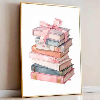 Book Lover Posters Pink Bow Pictures Book Stack Poster Inspirational Picture Educational Prints Coquette Trendy Preppy Poster Aesthetics Pink Girls Dormitory Living Room Decor 16x24inch No Frame