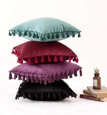 vctops Velvet Soft Solid Decorative Throw Pillow Cover with Tassels Boho Accent Cushion Case for Couch Bedroom Car Black 20''x20''