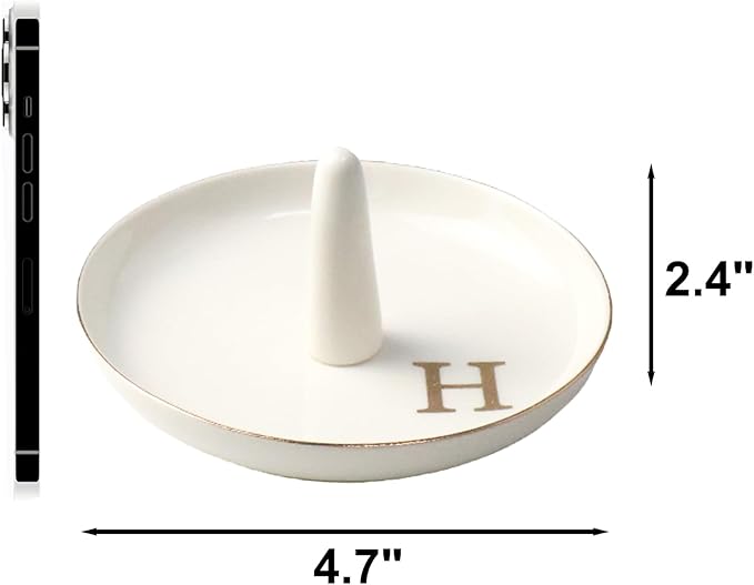 Ceramic Initials Jewelry Tray Ring Dish With Personalized H-Monogrammed Engagement Wedding Gifts, for Birthday Mother's Day for Women, Ceramic White 4.7" x2.4"