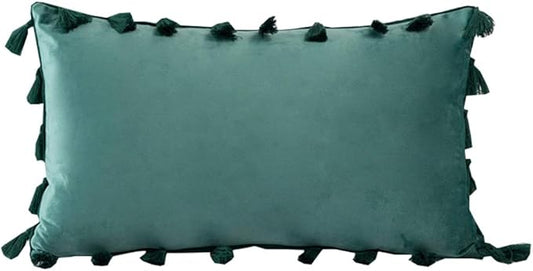 vctops Velvet Soft Solid Decorative Throw Pillow Cover with Tassels Boho Accent Cushion Case for Couch Bedroom Car Turquoise 12''x20''
