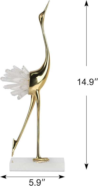 suruim Elegant Gold Crane Bird Statues with Crystal Tail Accents, Decorative Brass Figurines for Home Decor (White A)