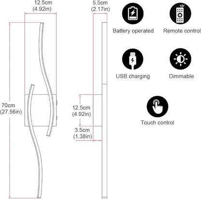 Battery Operated Wall Sconce Set of 2, Gold USB Rechargeable Wall Sconces, Dimmable Cordless Battery Wall Sconces with Remote Control, LED Wireless Lighting for Living Room Hallway Bedroom, 27.56in