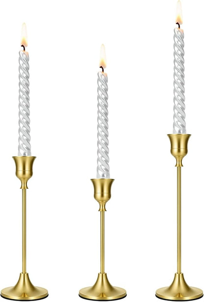 Mellotesy Taper Candle Holders Set of 3 - Tall Vintage Brass Gold Candlesticks for Dining Table, Wedding Centerpiece, and Mantel Decor