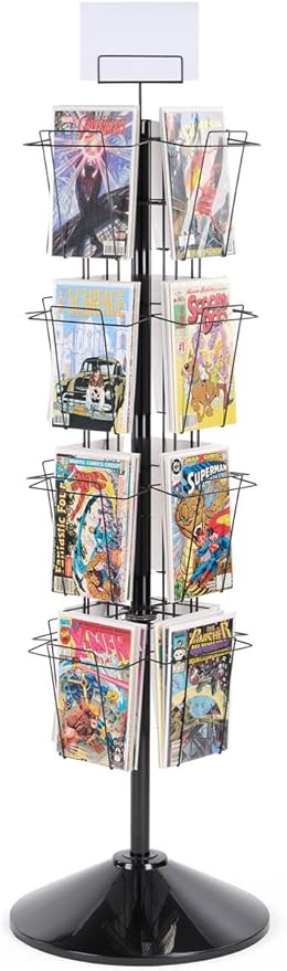 Displays2go 59" Tall Metal Wire Rotating Magazine Rack with 16 Pocket and Sign Holder - Black (WSFM416PB)