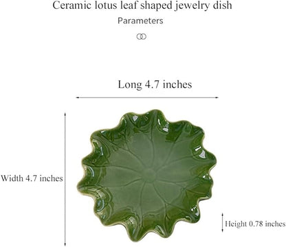 Ceramic Jewelry Tray, Decorative Trinket Dish for Rings Earrings Necklaces Bracelet Watch Keys, Birthday Mother's Day Christmas Thanksgiving Gift for Women, 4.7", Green Lotus Leaves
