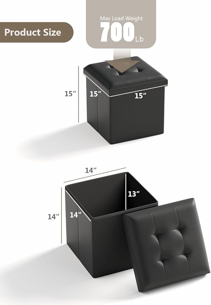 Folding Storage Ottoman Bench, Multi-Functional Ottoman Foot Rest, End of Bed Bench, Storage Chest for Living Room, Bedroom, Hallway, Entryway, Holds Up to 300 lbs (Black, 15 Inches)