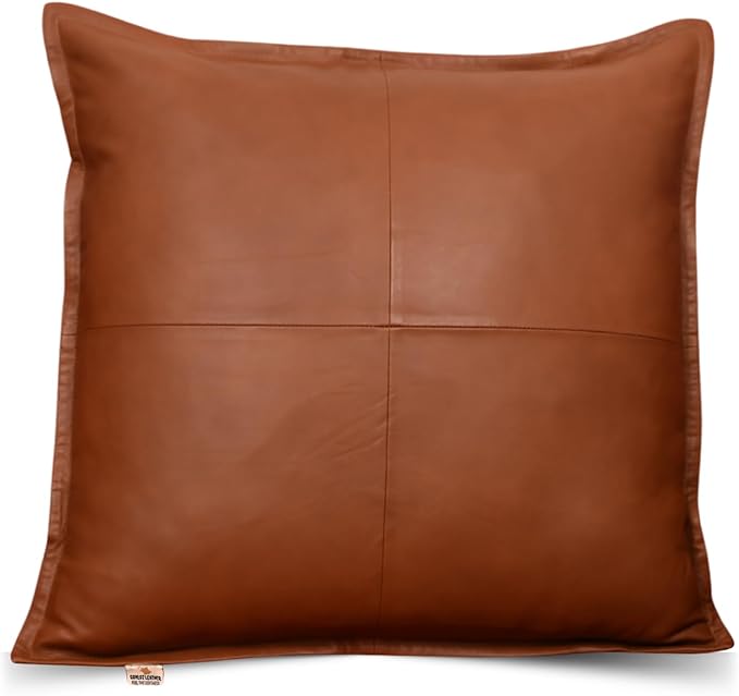 Lambskin Leather Pillow Cover - Sofa Cushion Case - Decorative Throw Covers for Living Room & Bedroom, 22x22 Inches - Camel Antique Box Pack of 2
