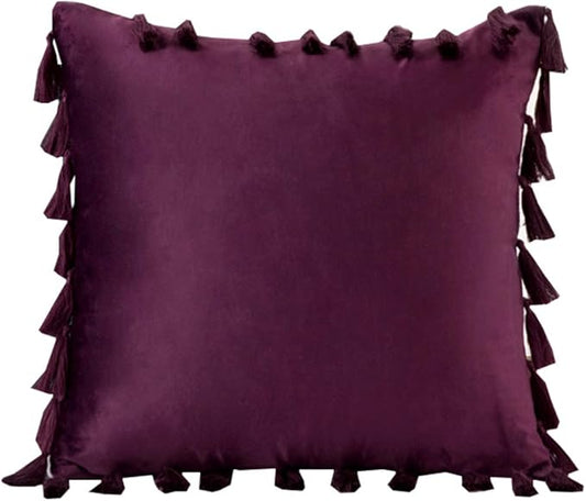 vctops Velvet Soft Solid Decorative Throw Pillow Cover with Tassels Boho Accent Cushion Case for Couch Bedroom Car Dark Purple 20''x20''