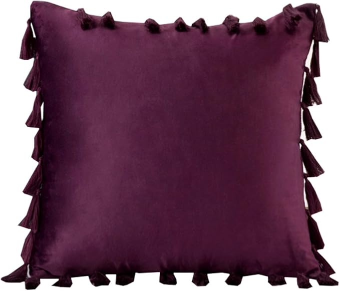 vctops Velvet Soft Solid Decorative Throw Pillow Cover with Tassels Boho Accent Cushion Case for Couch Bedroom Car Dark Purple 18''x18''