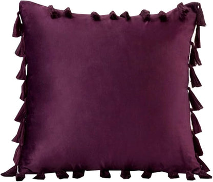 vctops Velvet Soft Solid Decorative Throw Pillow Cover with Tassels Boho Accent Cushion Case for Couch Bedroom Car Dark Purple 18''x18''