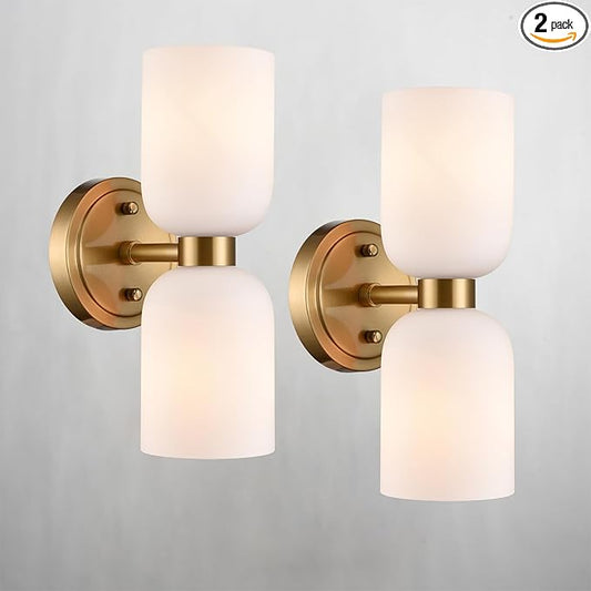 CLAXY Modern Gold Bathroom Vanity Wall Sconce 2-Light Wall Light with Milky Glass Shades Over Mirror Bedroom Stairway