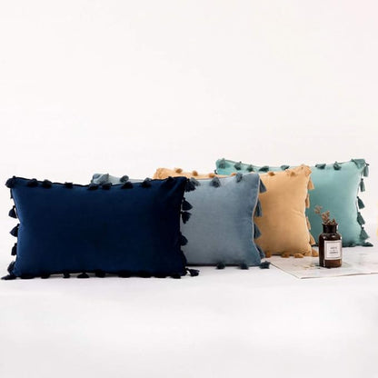 vctops Velvet Soft Solid Decorative Throw Pillow Cover with Tassels Boho Accent Cushion Case for Couch Bedroom Car Water Blue 12''x20''