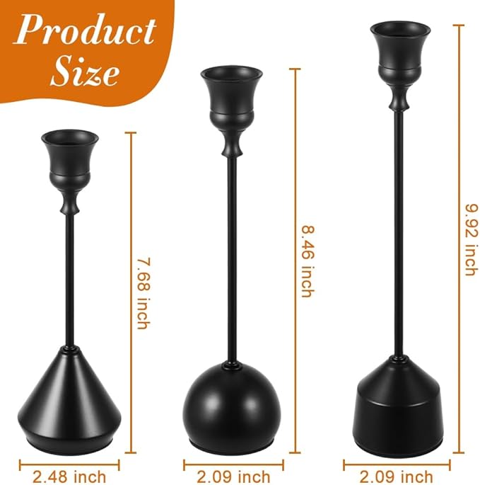Elegant Vintage Black Candlestick Holders, Set of 3 Taper Candle Holders with Weighted Base for Wedding, Dining Table, Holiday Decor