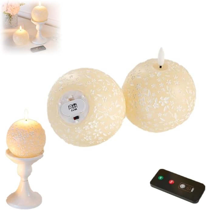 Flameless Spring Carved Spheres, Flameless LED Candles with Remote Control & 6-Hour Timer, Carved Sphere Design for Romantic Ambiance, Cozier Glow Candles for Valentine's Day, Wedding