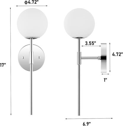 Modern Wall Sconce Set of 2 White Globe Glass Shades Mid Century Bathroom Vanity Wall Light Fixtures Industrial Wall Lamp for Bedroom Mirror Living Room Restaurant (Chrome Color)