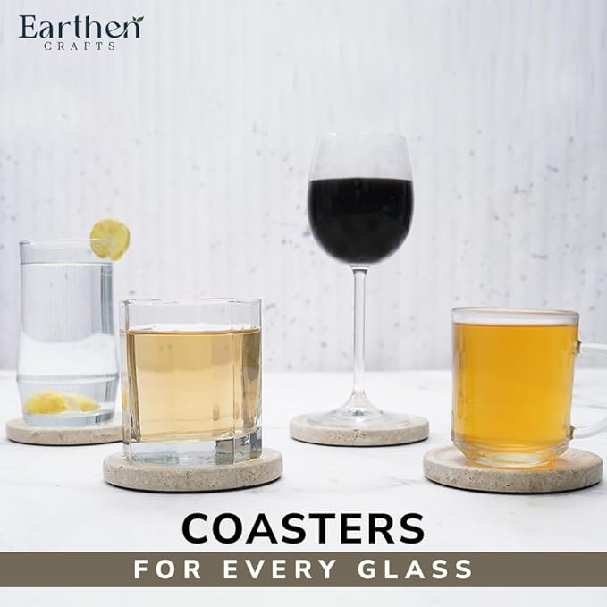 Travertine Marble Coasters Set of 4 for Drinks 4 Inches Round Drink Coaster for Kitchen Countertop, Modern Home Decor
