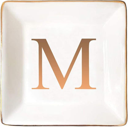 ANOTION Jewelry Tray Ring Dish with Ini-tial Gift- Personalized Trinket Dish and Jewelry Dish with Gold Initials Key Bowl Ceramic Holder, Unique Wedding or Engagement Present