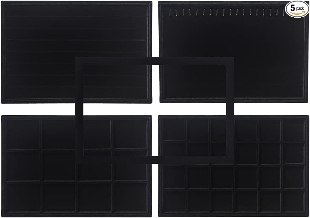 Coward Set of 5 Stackable Jewelry Organizer Tray Necklace Earring Box Storage Ring Bracelet Display Holder (Black(ring+necklace+earring+12grid))