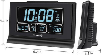 DreamSky Alarm Clocks for Bedrooms with Battery Backup, Auto Set Digital Clock with Date and Day of Week, Temperature, USB Port, Auto DST, Dimmer, 12/24H