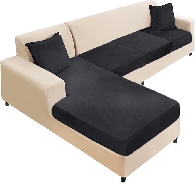 NAISI Sectional Couch Cover 4 Pieces Velvet Separate Couch Cushion Covers L Shape Soft Stretch Sofa Slipcovers with 2pcs Pillowcases for Left/Right Chaise Sectional Couch(3 Seater+1 Chaise,Black)
