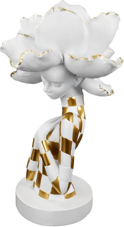 White and Gold African Woman Sculpture – Elegant Resin Figurine with Floral Headpiece, Modern African Art Statue for Home Decor, Cultural Figurine Gift for Women