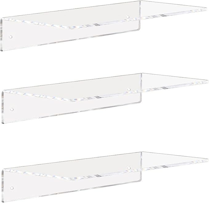 Weiai Clear Acrylic Shelves 12 Inch, Floating Wall Mounted Shelf for Bedroom, Living Room, Bathroom, Set of 3