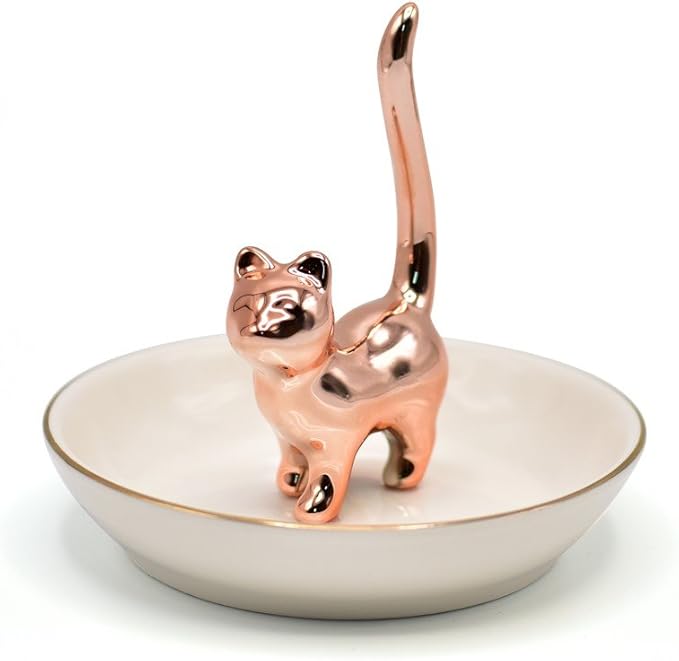 Cat Ring Holder Trinket Tray Ceramic Jewelry Dish Porcelain Ring Organizer Gift for Women, Girlfriend or Valentine's Day (Rose gold-2)