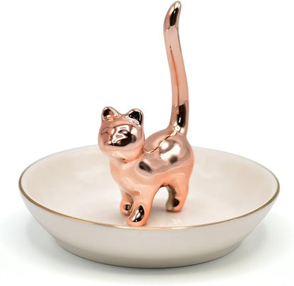 Cat Ring Holder Trinket Tray Ceramic Jewelry Dish Porcelain Ring Organizer Gift for Women, Girlfriend or Valentine's Day (Rose gold-2)