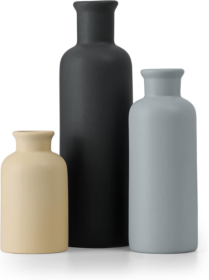 Ceramic Vase Set of 3, Neutral Rustic Vases for Farmhouse Decor, Pampas Grass & Dried Flowers and Table Living Room Home Decor