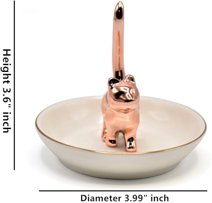 Cat Ring Holder Trinket Tray Ceramic Jewelry Dish Porcelain Ring Organizer Gift for Women, Girlfriend or Valentine's Day (Rose gold-2)