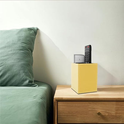 Pen Pencil Holder Cup Container PU Leather Desk Organizer Stand Decor Brush Scissor Holder Decoration Office Desk Home School (Yellow, 3.54" x 3.54" x 4.72")