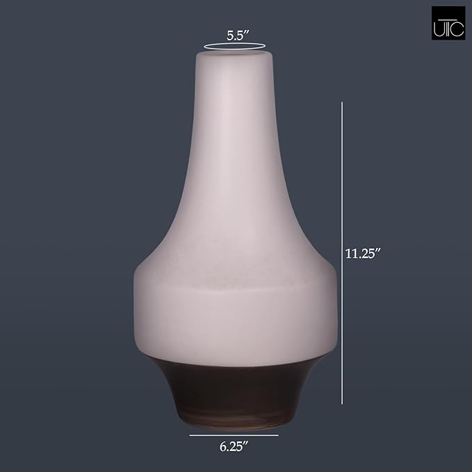 Urban Trends Stoneware Round Long Neck, Gray Banded Rim Base and Tapered Bottom LG Matte Finish White Vase