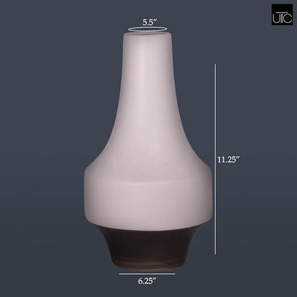 Urban Trends Stoneware Round Long Neck, Gray Banded Rim Base and Tapered Bottom LG Matte Finish White Vase
