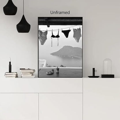 Black and White Photography Canvas Wall Art, Summer Coastal Hanging Bikini Aesthetic Poster, Vintage Trendy Beach Landscape Picture, Museum Photo Art Coastal Print for Bedroom 16x24in Unframed