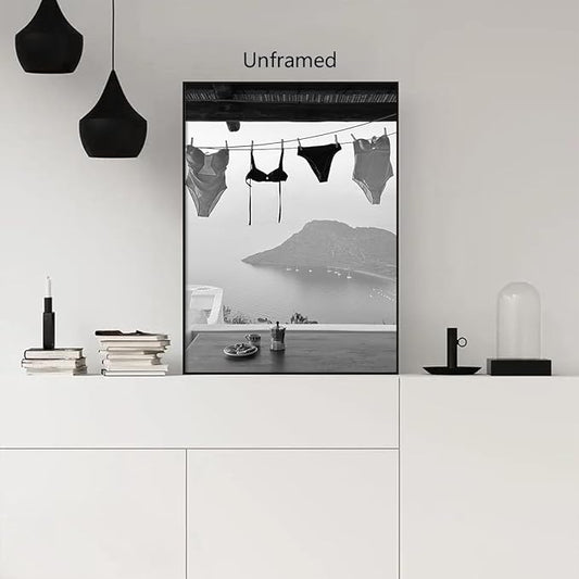 Black and White Photography Canvas Wall Art, Summer Coastal Hanging Bikini Aesthetic Poster, Vintage Trendy Beach Landscape Picture, Museum Photo Art Coastal Print for Bedroom 24x36in Unframed