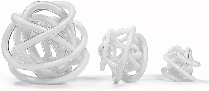 Luxury Lane Hand Blown Infinity Knot Sommerso Decorative Glass Ball for Bowls Home Decor 8 inch Tall Orbit Centerpiece Table Decoration Sculpture White
