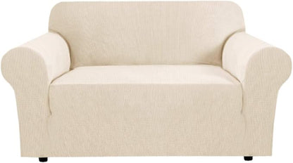 H.VERSAILTEX Stretch Couch Cover Loveseat Covers for 2 Cushion Couch Sofa Cover for Love seat 1 Piece with Elastic Bottom, Textured Checked Jacquard Fabric(Loveseat 58"-70" Wide, Natural)