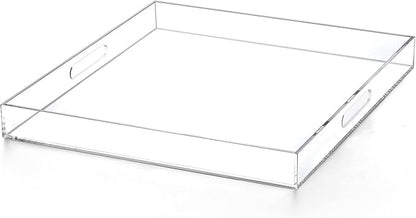 Clear extra large Ottoman Tray with Handles 18"x18"x2" Spill proof Acrylic Serving Tray Organizer Tray Decorative safe edge tray For Living Room Entryway Bedroom Kitchen Coffee Table coutertop