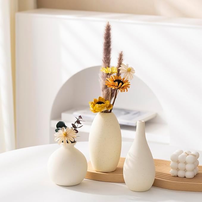 Ceramic Vase Set of 3, Rustic Farmhouse Flower Vase, Modern Farmhouse for Home Decor, Table, Living Room Decoration, Shelf Decor, Mantel