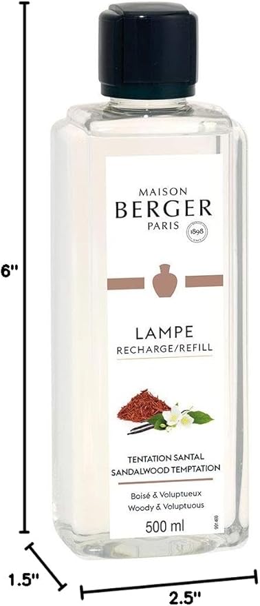 MAISON BERGER Sandalwood Temptation Lampe Berger Refill, 500 ml (16.9 fl oz), Odor-Neutralizing Home Fragrance Oil Lamps, Rose, Cardamom, Sandalwood, Cedarwood, Made in France