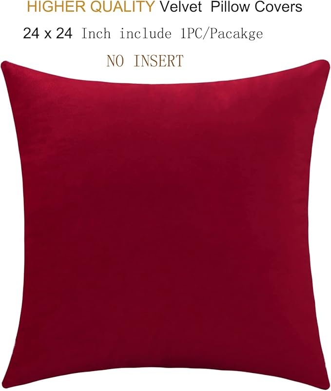 mixeoo Comfy Christmas Red Throw Pillow Covers Decorative Square Solid Thick Velvet Super Soft Cushion Cases Home Decor for Sofa Couch Living Room Chair, Set of 1, 24 x 24 Inch